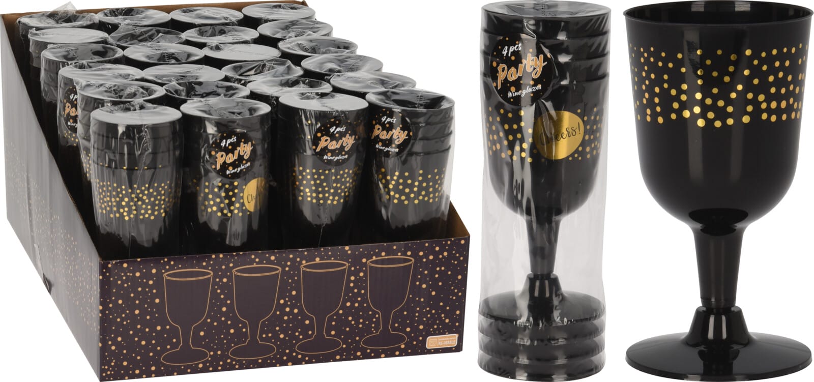 Vínglös svört plast 4 stk